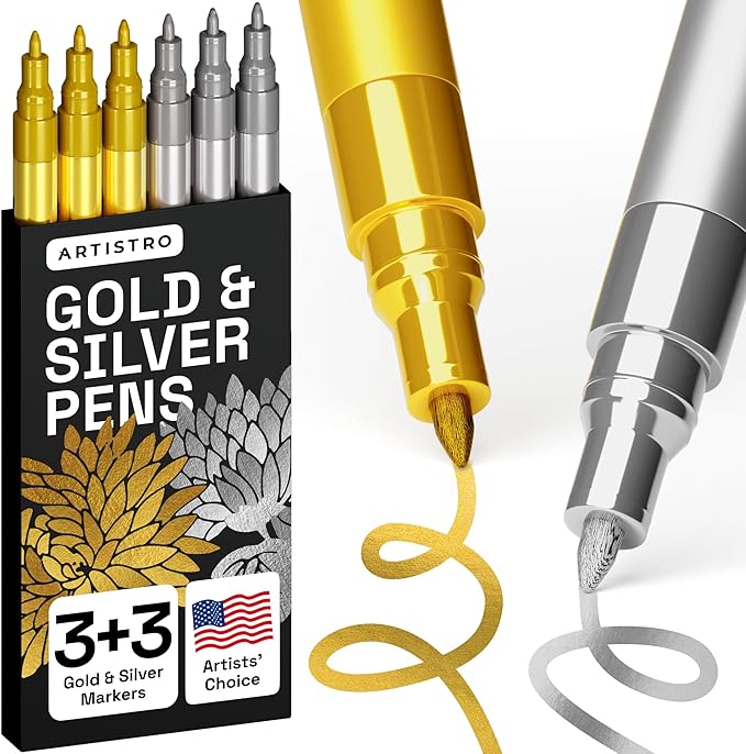 ARTISTRO 6 Gold & Silver Metallic Acrylic Paint Pens – 0.7mm Extra Fine Tip Paint Pens for Crafts, Rock Painting, Greeting Cards, Ornament Decor, DIY Art