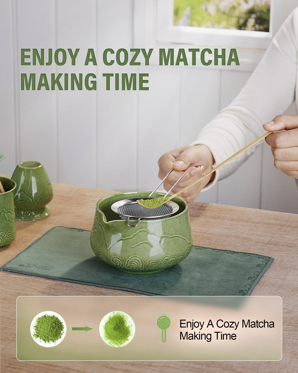 ZENS Premium Matcha Whisk Set, 6pcs Matcha Kit for Matcha Latte, Green