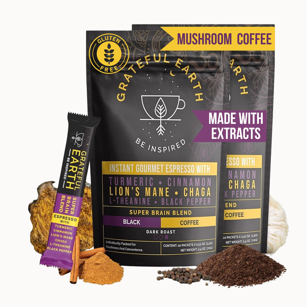 Grateful Earth Instant Espresso Coffee With Lion's Mane, 2 Bags, 40 Ct