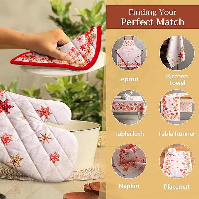 Maison d' Hermine 100% Cotton Oven Mitt & Pot Holder Set (7.5"x13" & 8"x8") Heat Resistant BBQ Cooking Gloves with Loop, Baking, Grilling, Kitchen, Handling Hot Pans (Crystal Star)