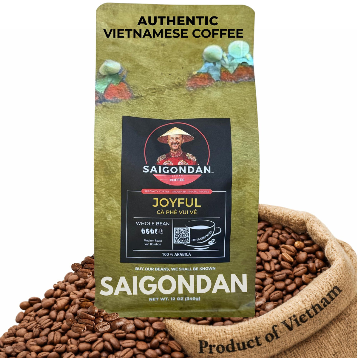 Vietnamese Whole Bean Coffee - Saigondan Mindful 85% Robusta 15% Arabica Dark Roast - Premium Single Origin, Direct Trade Vietnamese Coffee - 12 oz
