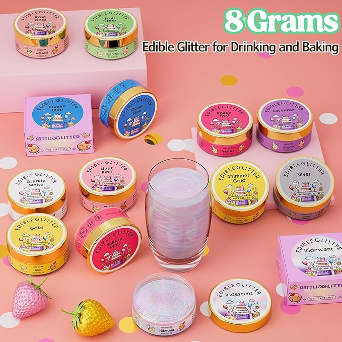 Nomeca Edible Glitter for Drinks Cakes, 8 grams Food Grade Luster Dust Sprinkles Glitter for Cake Decorations, DIY Cocktails, Beverages & Cake Decorating, Dessert Cake Topper (11-Fruit Green)