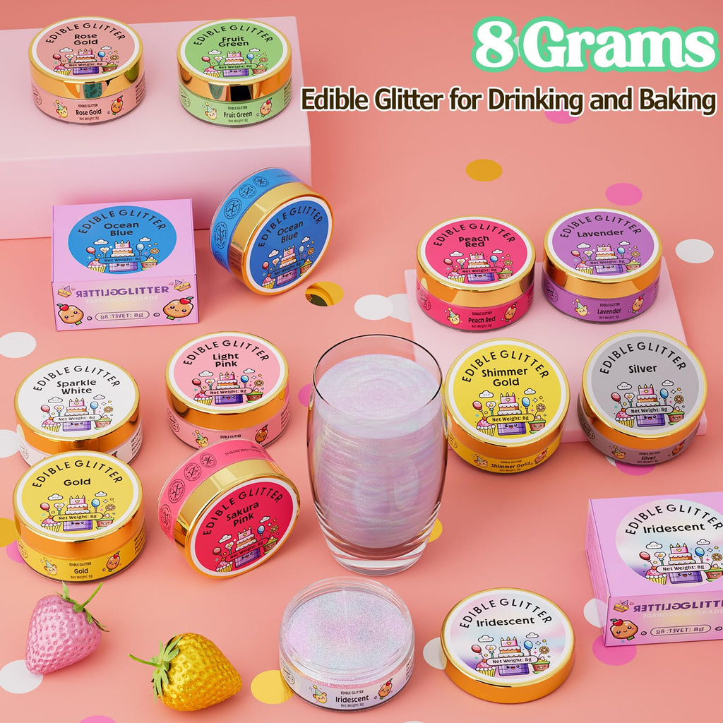 Nomeca Edible Glitter for Drinks Cakes, 8 grams Food Grade Luster Dust Sprinkles Glitter for Cake Decorations, DIY Cocktails, Beverages & Cake Decorating, Dessert Cake Topper (11-Fruit Green)