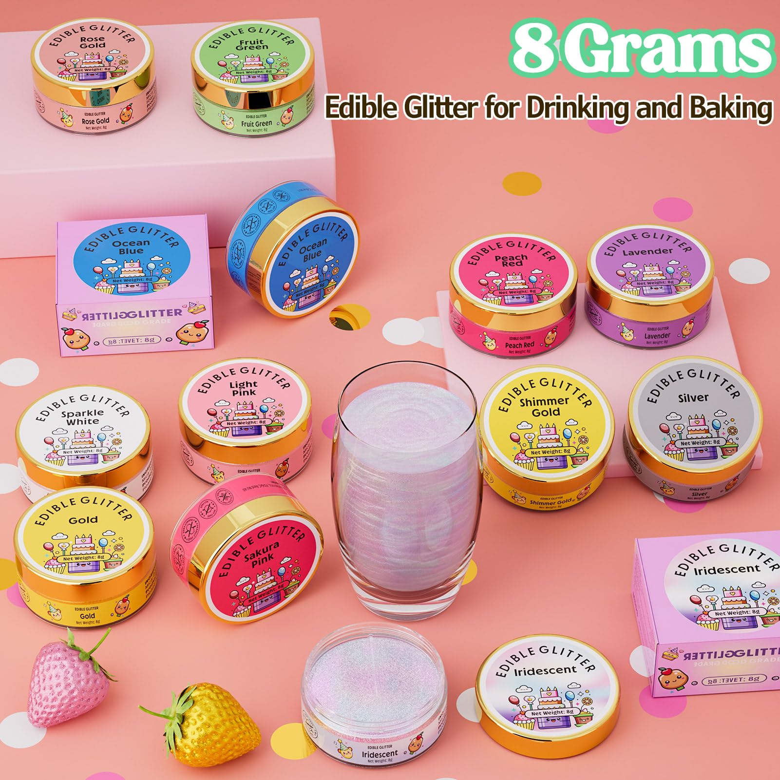Nomeca Edible Glitter for Drinks Cakes, 8 grams Food Grade Luster Dust Sprinkles Glitter for Cake Decorations, DIY Cocktails, Beverages & Cake Decorating, Dessert Cake Topper (11-Fruit Green)
