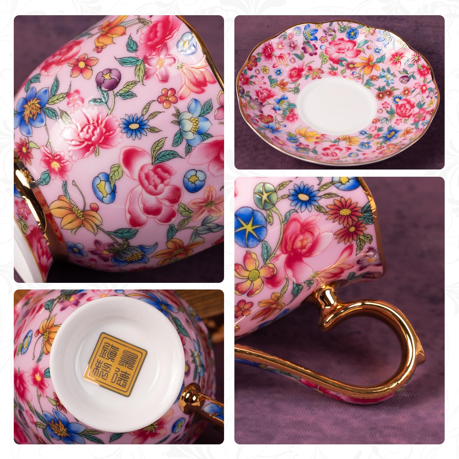 KAMMAK Tea Cup and Saucer, Ceramic Coffee Cups, 6.3 oz, Set of 2