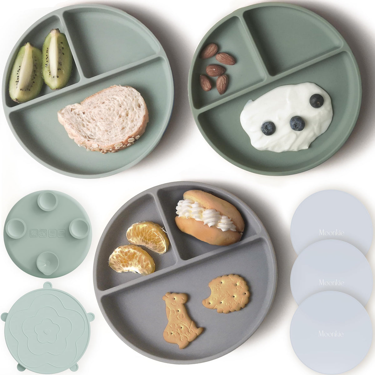Moonkie Suction Plates for Baby | 100% Silicone BPA-Free Baby Plates with Lids and Food Cover | Divided Design | Microwave and Dishwasher Safe | Toddler Plates 2 Pack