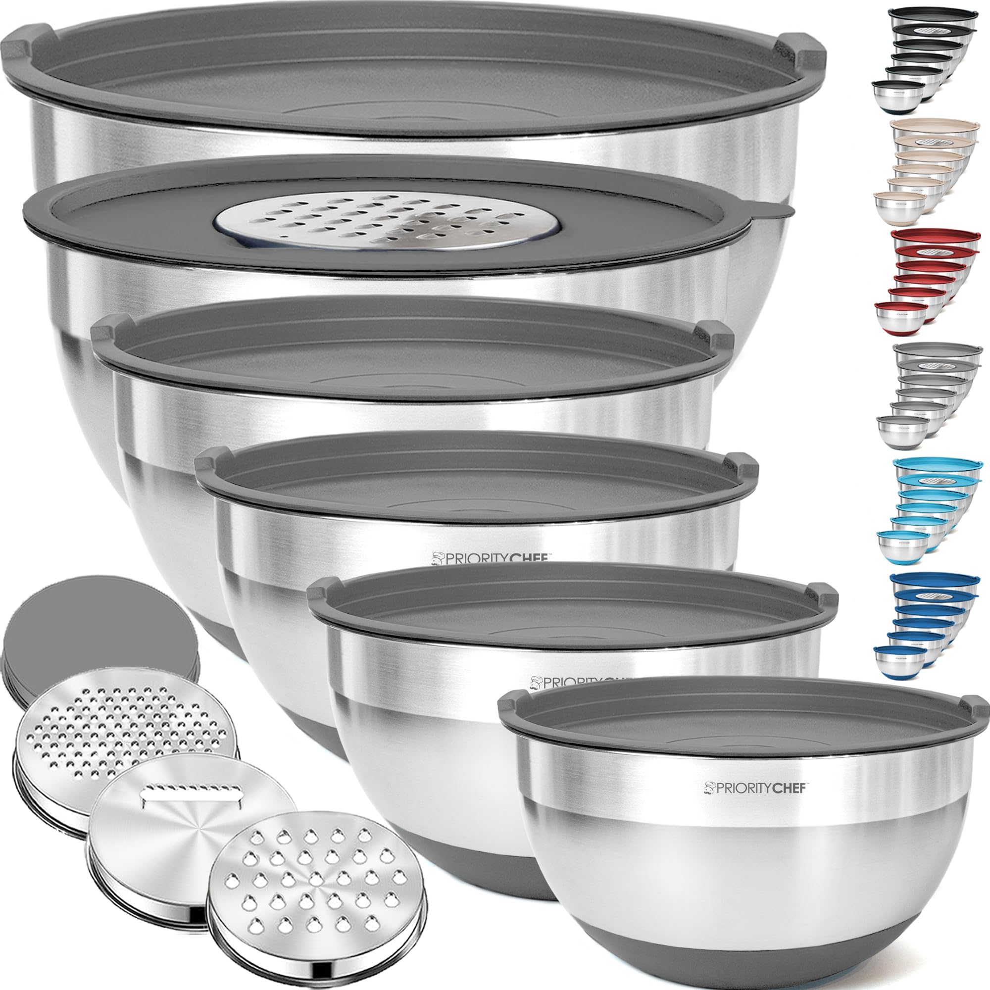 Priority Chef 6pc Stainless Steel Mixing Bowls with Lids Set, 7 Qt, Grey