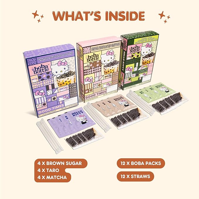 Hello Kitty Instant Boba Milk Tea Variety Kit, Brown Sugar, Taro, Match Flavor, with Taiwan Tapioca Pearls, Paper Straws Included (12 Servings)