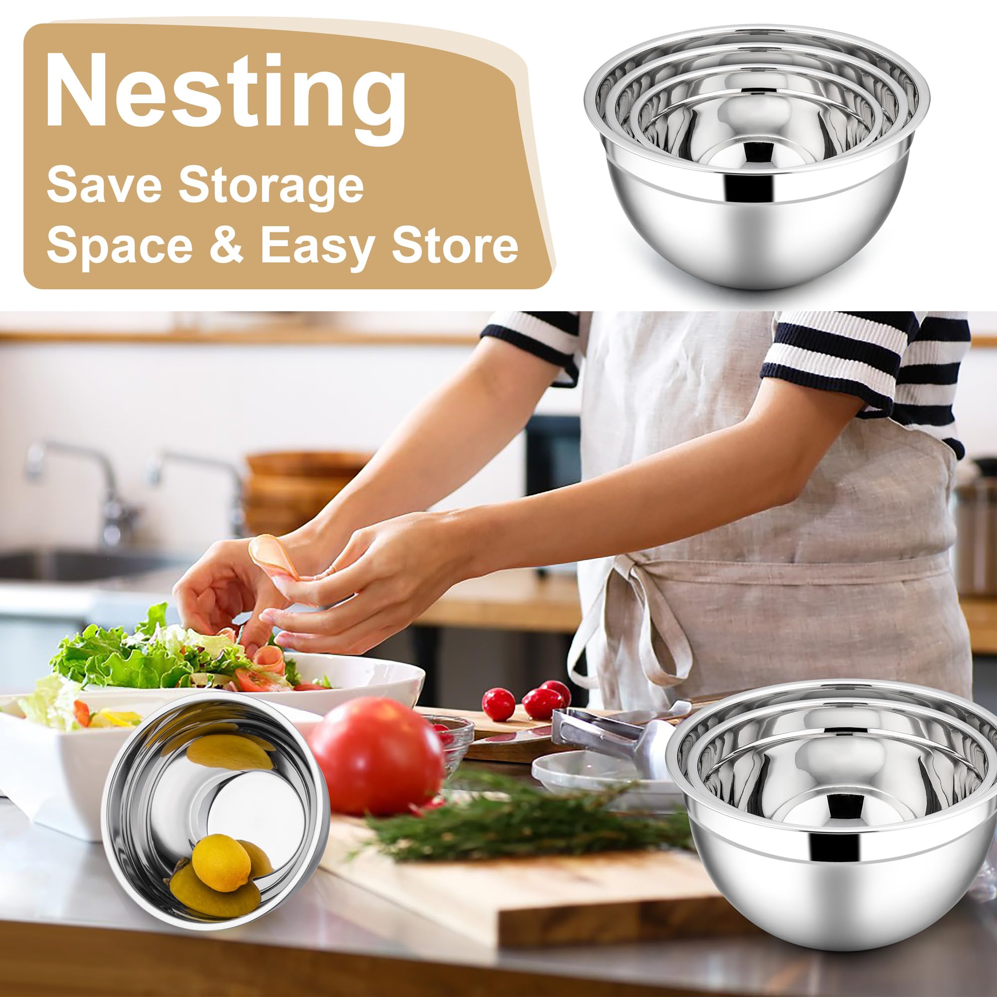 E-far Mixing Bowls with Lids, 6-Piece Stainless Steel Salad Bowls Metal Nesting Bowls for Baking Cooking and Prepping, Airtight Lids & Stackable Design, Size 4.5, 3, 1.5 QT (Khaki)