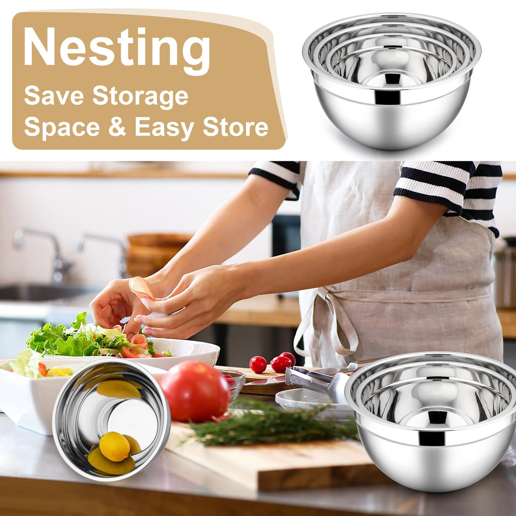 E-far Mixing Bowls with Lids, 6-Piece Stainless Steel Salad Bowls Metal Nesting Bowls for Baking Cooking and Prepping, Airtight Lids & Stackable Design, Size 4.5, 3, 1.5 QT (Khaki)