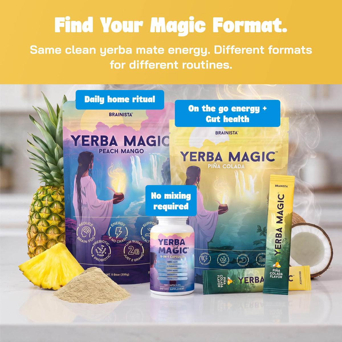 Yerba Mate Energy Drinks, Yerba Magic, Gut Health, Pina Colada, 30 Servings
