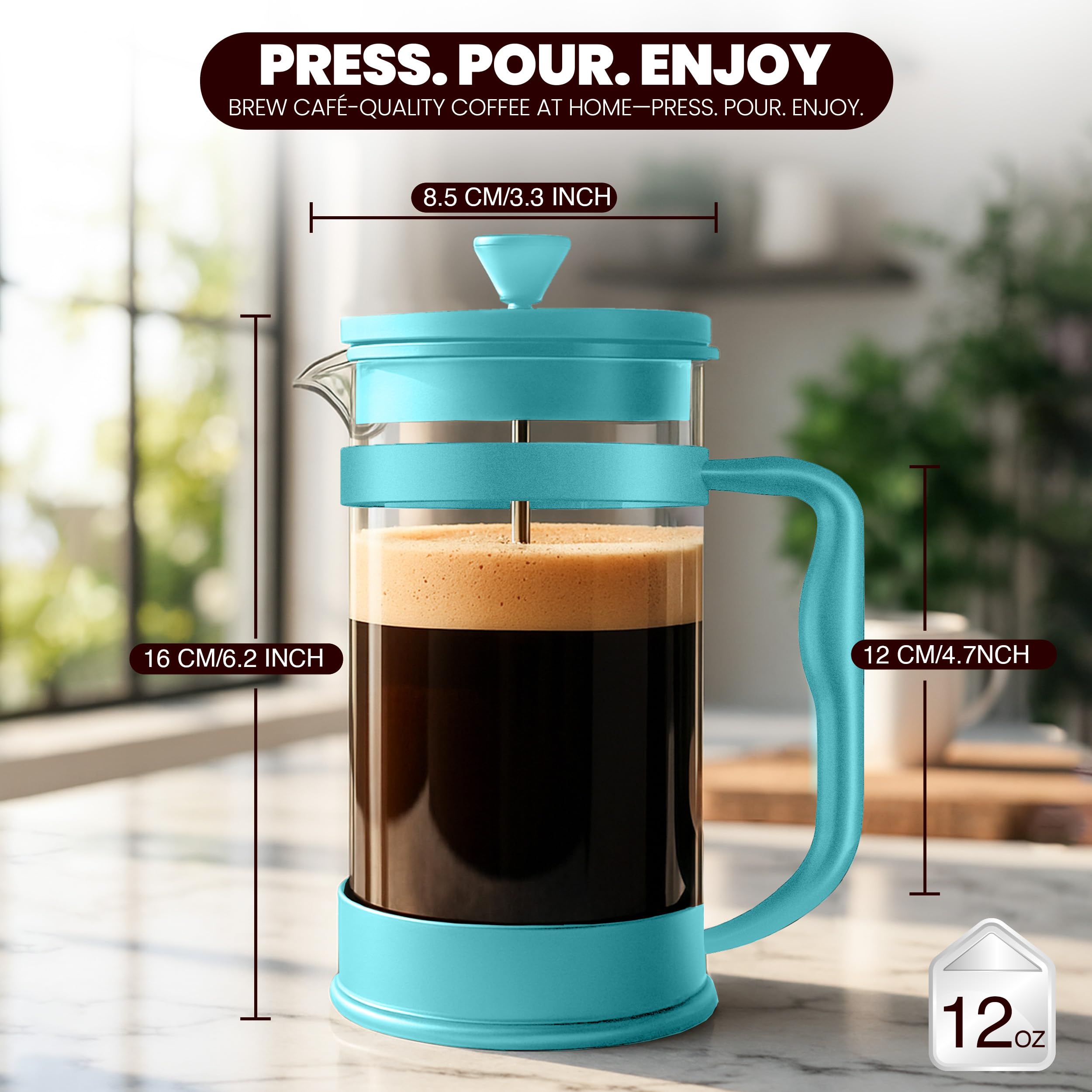 Utopia Kitchen 12 oz Glass French Press, French Press Coffee Maker, Tea Press, Triple-Layer Filter for Smooth Brew, Heat-Resistant Borosilicate Glass, Stainless Steel Plunger, Aqua