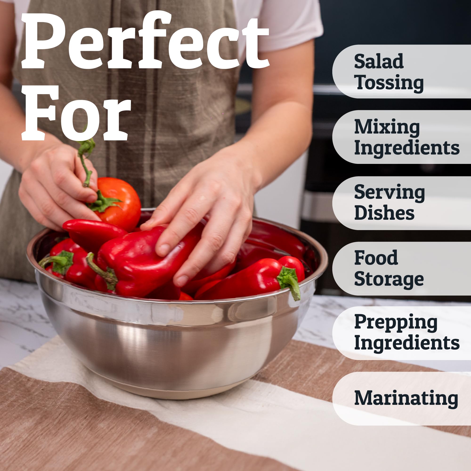 Priority Chef 6pc Stainless Steel Mixing Bowls with Lids Set, 7 Qt, Khaki