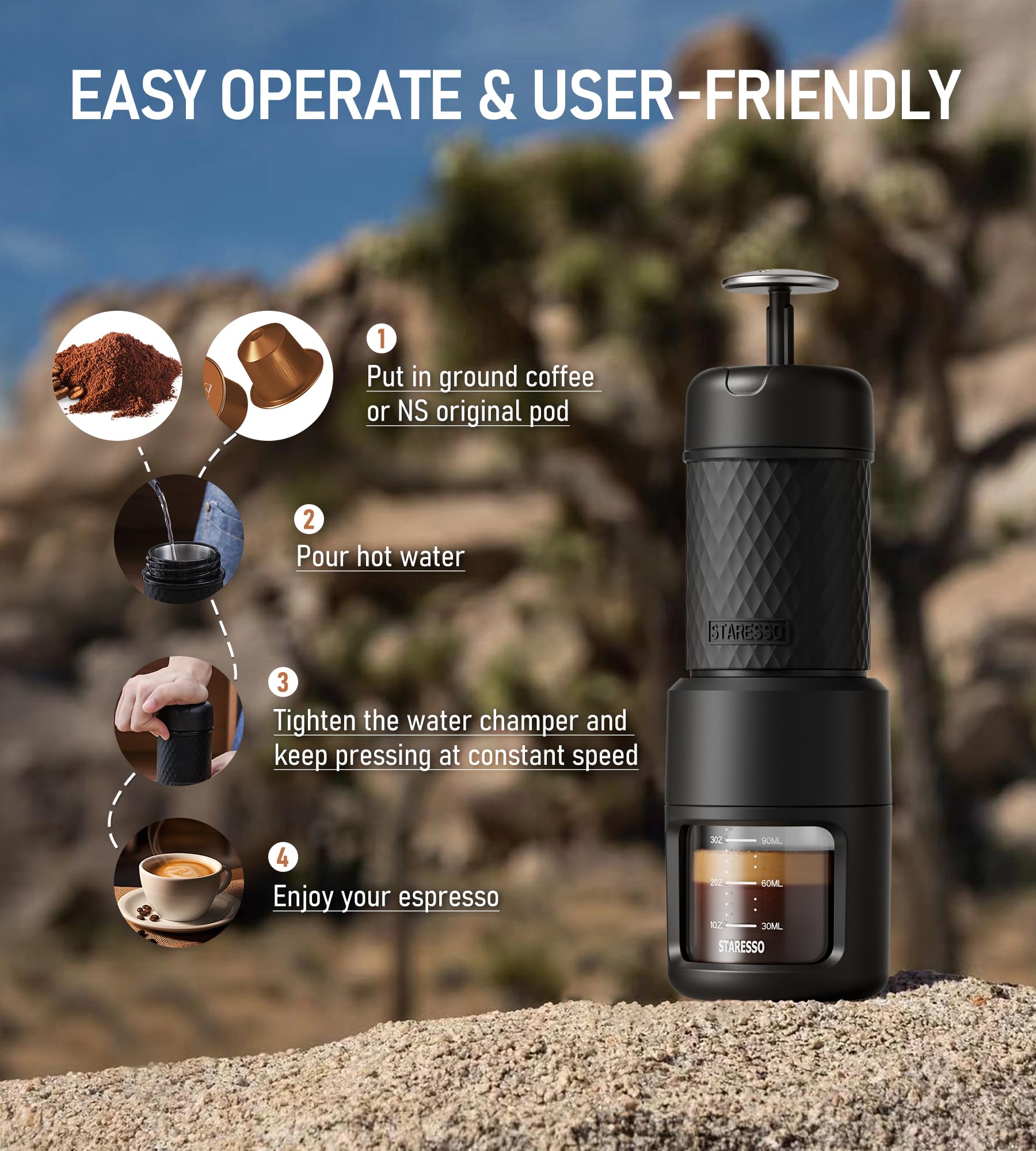 STARESSO Classic Manual Espresso Maker, 2 IN 1 Travel Coffee Machine