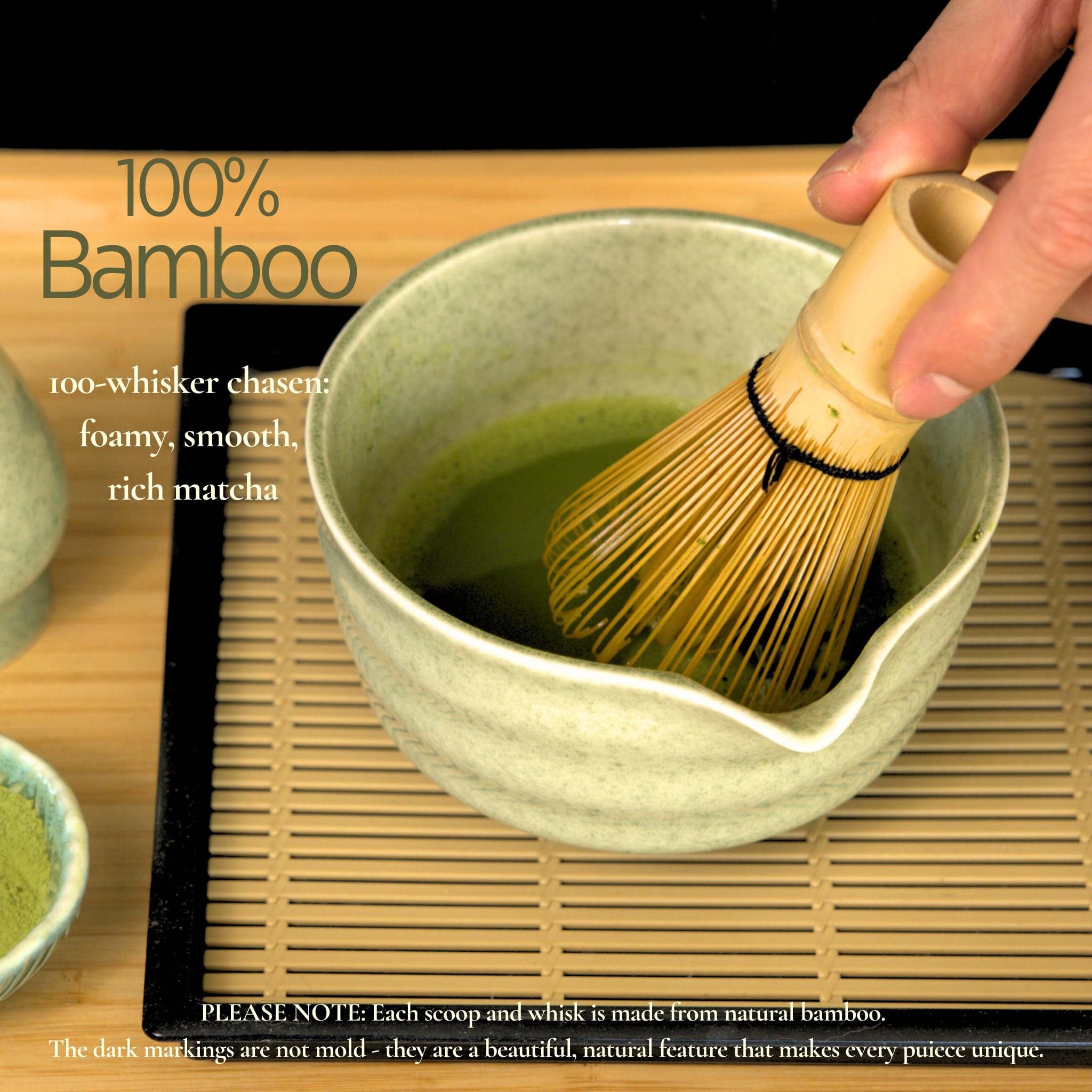 MOIY Matcha Whisk Set, Matcha Set, Handcrafted Bamboo Chasen & Ceramic Bowl Matcha Kit, 5 Pcs Matcha Set Whisk and Bowl with Stainless Steel Sifter, Tea Ceremony, Jade