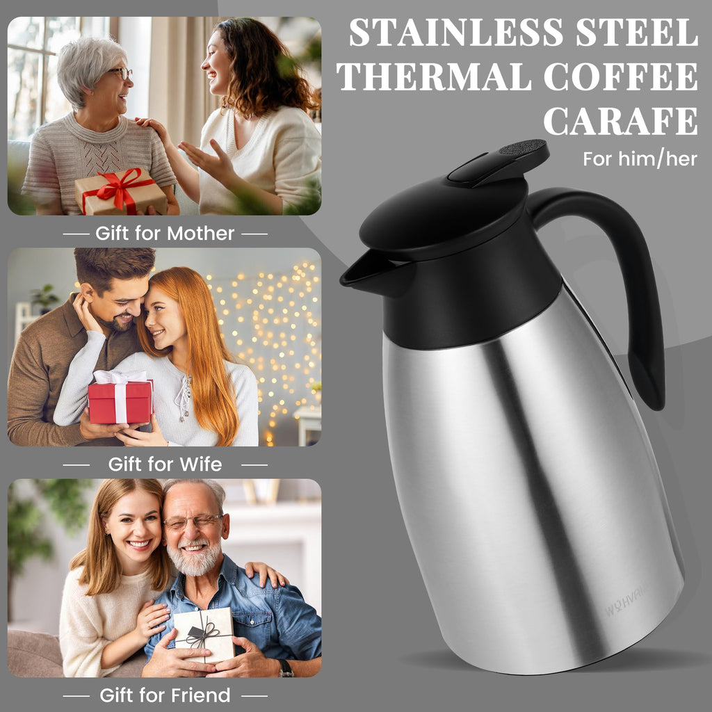 WYHVAND Thermal Coffee Carafe, 51 oz, Leakproof Push-Button Lid, Silver