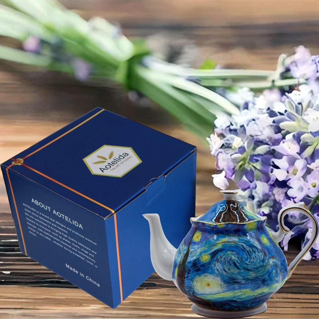 Teapot 30 oz Vangogh Paintings Bone China Loose Tea Pot Floral Design Vintage Ceramic Coffee Water Pot European Style Porcelain (Starry Sky)