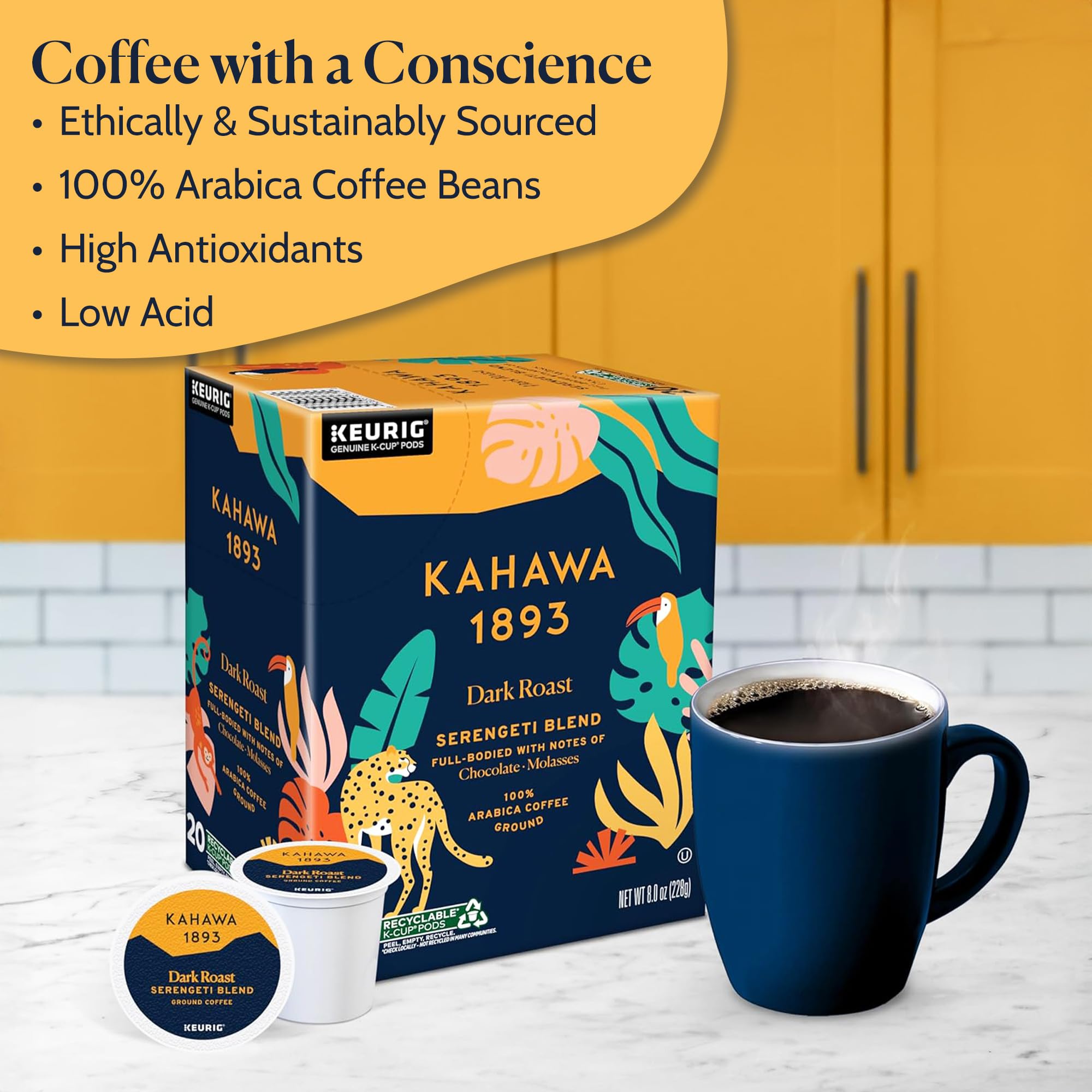 Kahawa 1893 Dark Roast Coffee K-Cup Pods Serengeti Blend (20 Count) - As Seen on Shark Tank, Low Acid, High Antioxidants, Naturally Sweet, Organically Grown, Ethically & Sustainably Sourced