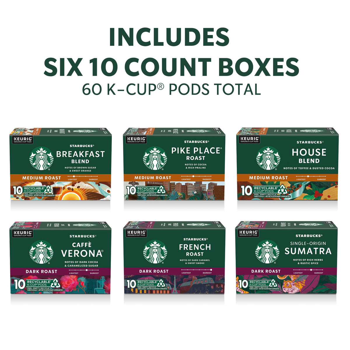 Starbucks K-Cup Coffee Pods, Starbucks Blonde, Medium and Dark Roast Hot or Iced Coffee, Variety Pack, 60 Keurig Pods