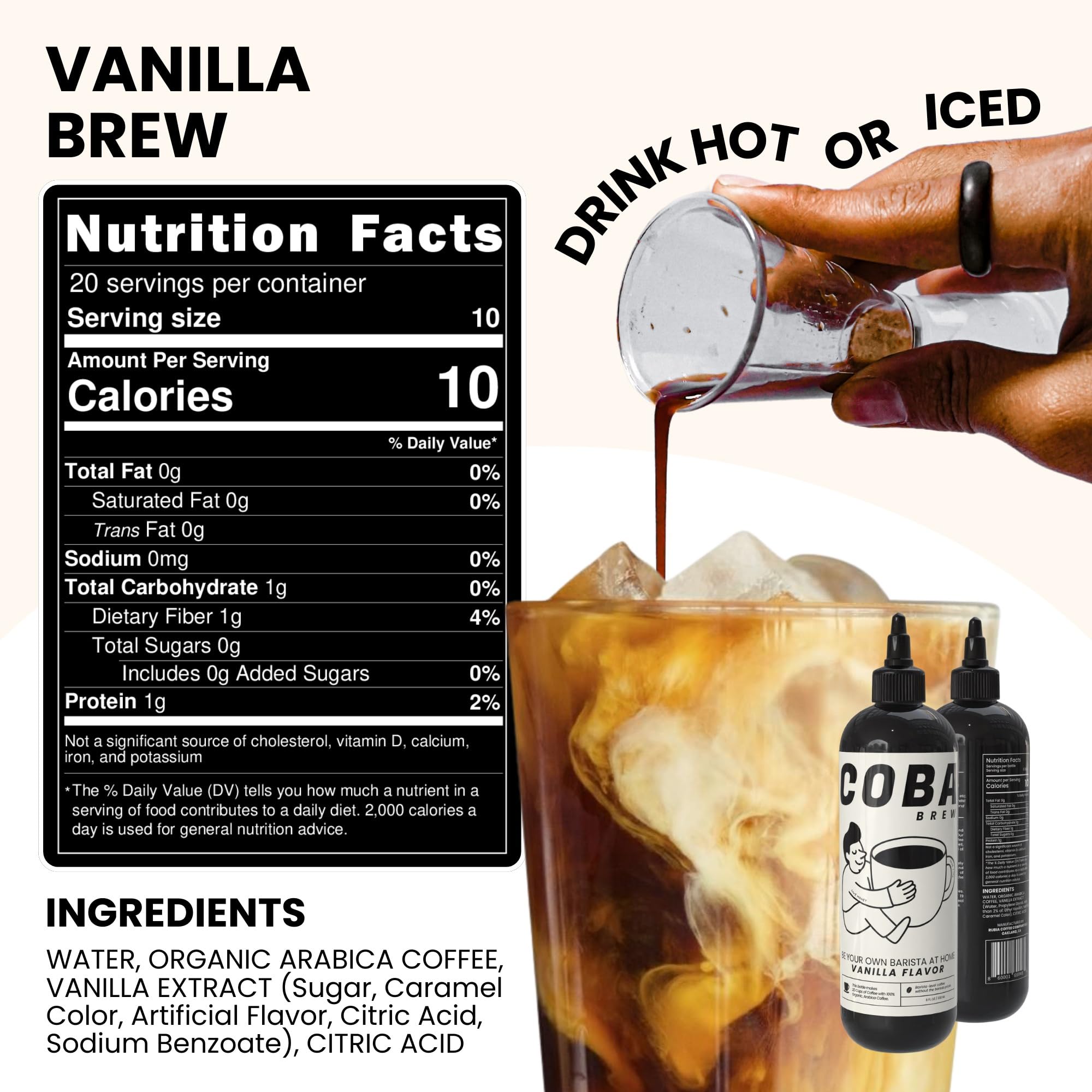 COBA Premium Coffee Concentrate: Bold & Extra Strong Kick - 20x Cups | Instant Cold Brew/ Hot Coffee in Seconds | Specialty, Fair Trade, Organic, Medium Roast, Dairy Free | 2 TEASPOONS/Cup | Rich Flavor (8 Fl Oz (Pack of 1), Vanilla)