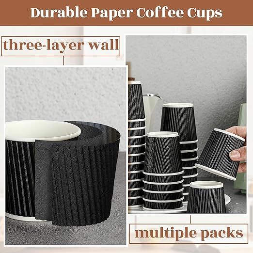 Yaomiao 200 Pcs 4 oz Disposable Espresso Coffee Cups Ripple Corrugated Paper Insulated Hot Cups for Party Cold Drinks Hot Beverage Tea(Black)