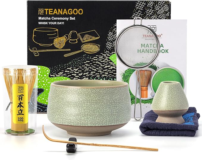 TEANAGOO Matcha Whisk Set Green, 7 Pcs Matcha Set, Matcha Kit for Ceremony, Matcha Tea Set for Making Breakfast/Latte,Whisk Set and Ceramic Bowl with All Accessories, Gift for Family/Friend