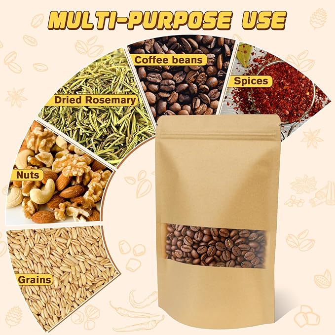 Jetmore-50pcs-Smell-Proof-Bag, Resealable Zip Lock Bags Various Sizes, Reusable Snack Bags, Stand Up Packing Bags with Window, Small Brown Paper Pouches for Candy, Nuts, Spice, Sample, Product