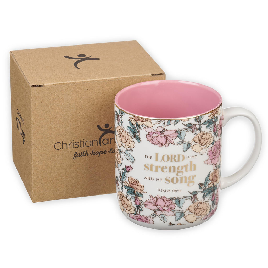 Christian Art Gifts Pink Floral Ceramic Coffee Mug – 14 oz. Lead and Cadmium-free Non-toxic Inspirational Scripture Coffee and Tea Mug for Women with Bible Verse: My Strength and My Song –Psalm 118:14