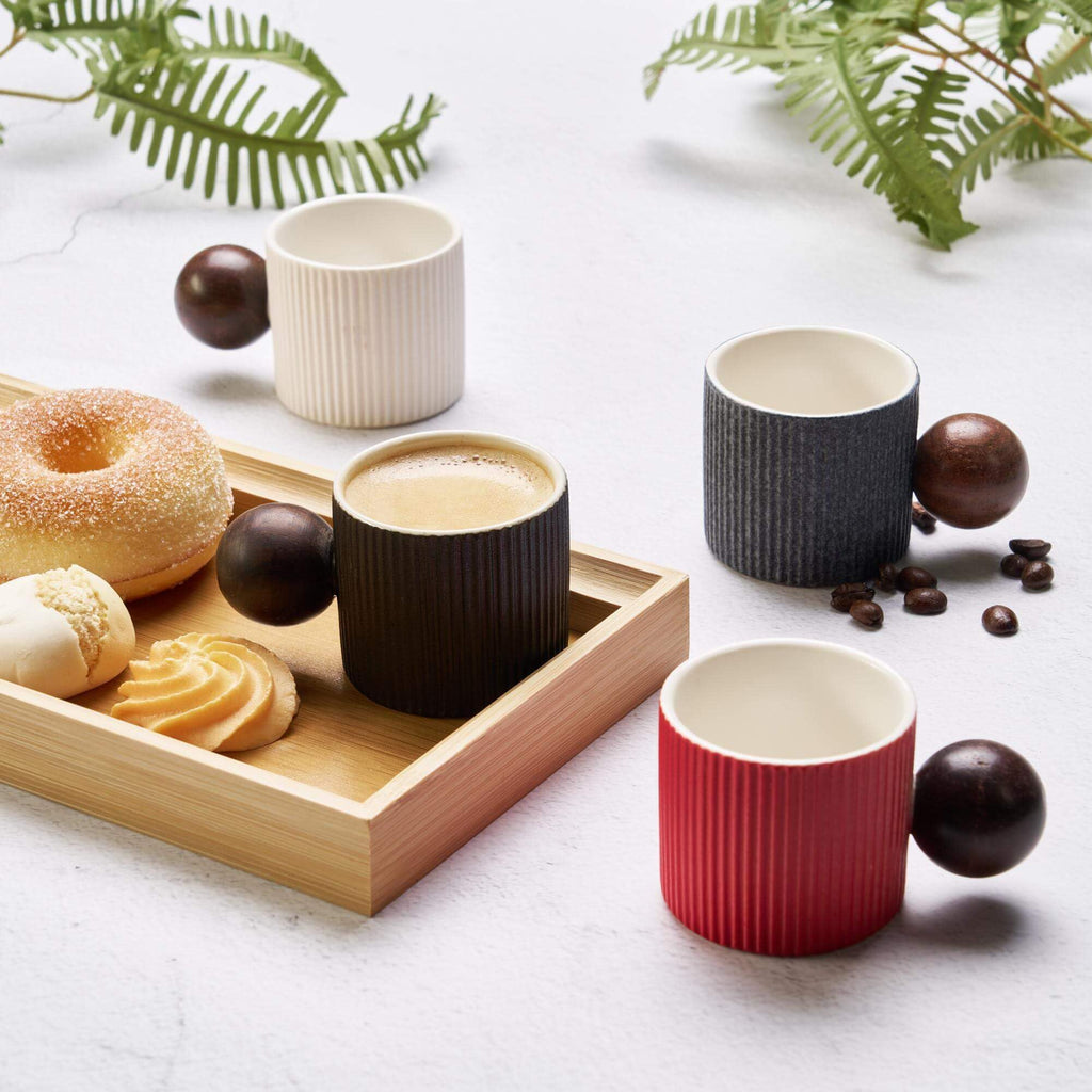 CLASGLAZ Ceramic Mini Espresso Cups Demitasse Cups with Round Wooden Handle Vertical Stripes Tea Cups (Multicolor, 4pcs)