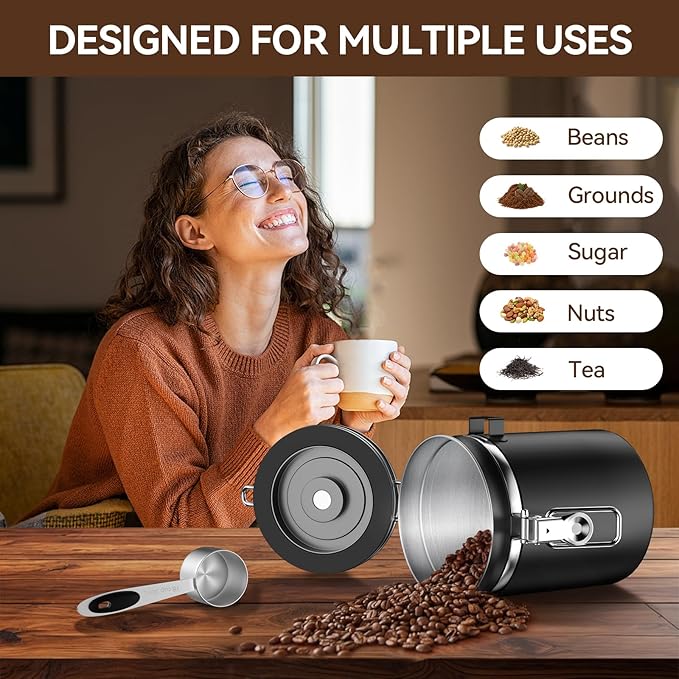 Coffee Canister, Stainless Steel Coffee Bean Storage Container with Date Tracker and Scoop, Kitchen Food Container for Grounds Coffee, Beans, Tea, Flour, Cereal, Sugar, 22OZ (1800ML | Black)