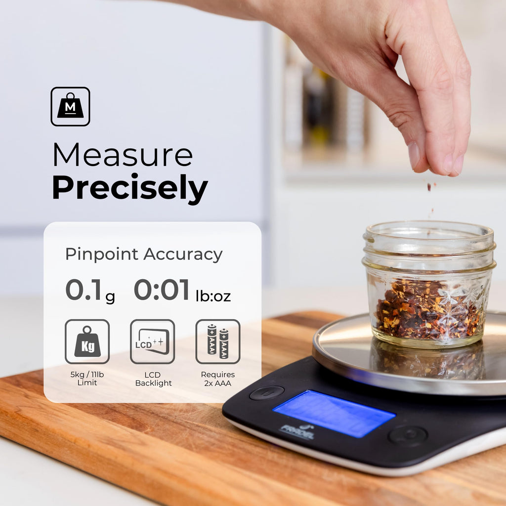 Fradel 0.1g Digital Kitchen Food Scale in Grams & Ounces - 11lb, for Cooking, Baking, Weight Loss - Round