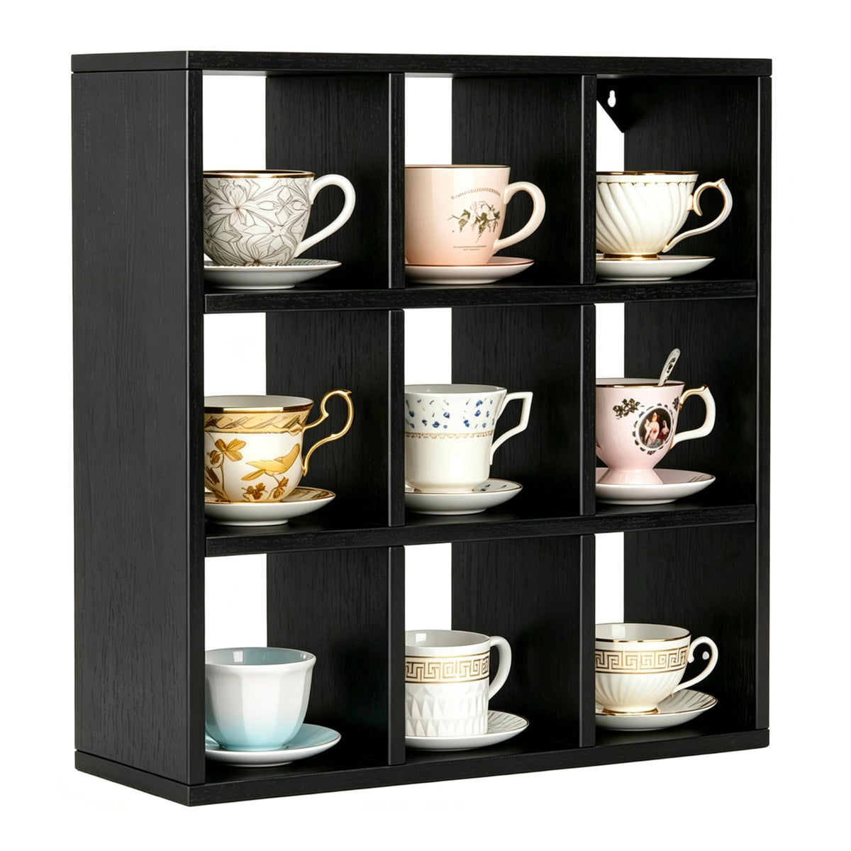 Helsin 9 Grid Vintage Coffee Mug Display Rack, 16inch Wall Mounted Wooden Curio Shadow Box Shelf, Cup Floating Shelves Display and Organizer (Black)