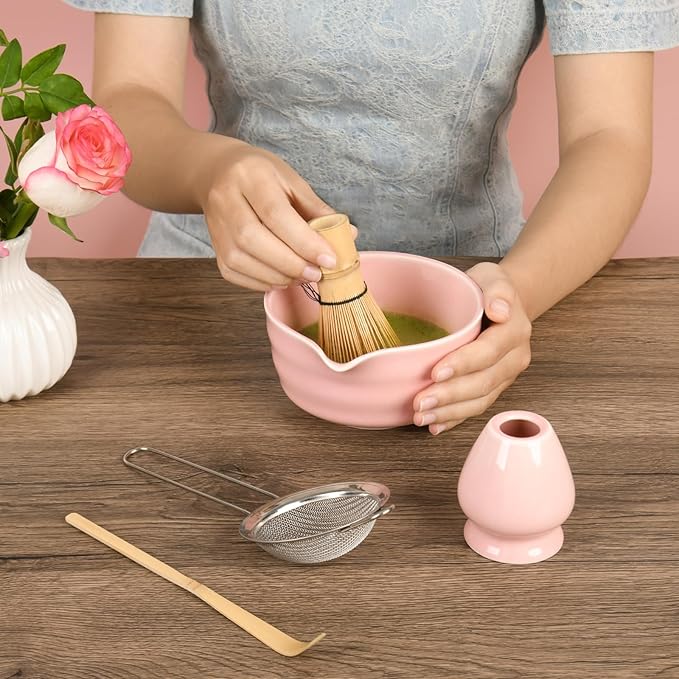 Pink Matcha Whisk Set - Ceramic Matcha Making Kit with Bamboo Whisk, Scoop, Bowl, Ceramic Holder & Sifter –5 PCS Handcrafted Elegant Japanese Tea Ceremony Tools Gift for Matcha Lovers