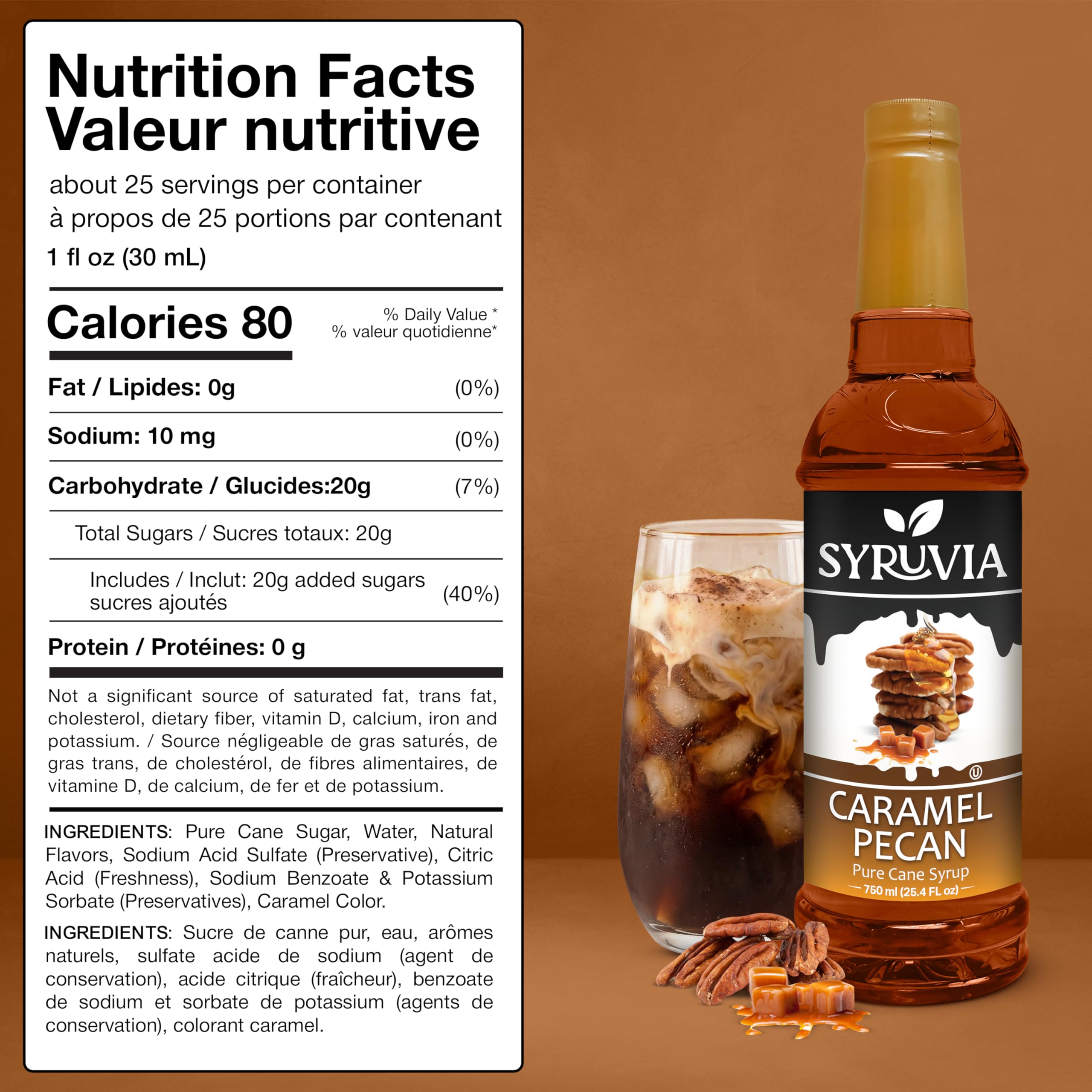 Syruvia Coffee Syrup, Caramel Pecan Flavored Syrup for Drinks, Lattes, and Desserts – 25.4 fl oz