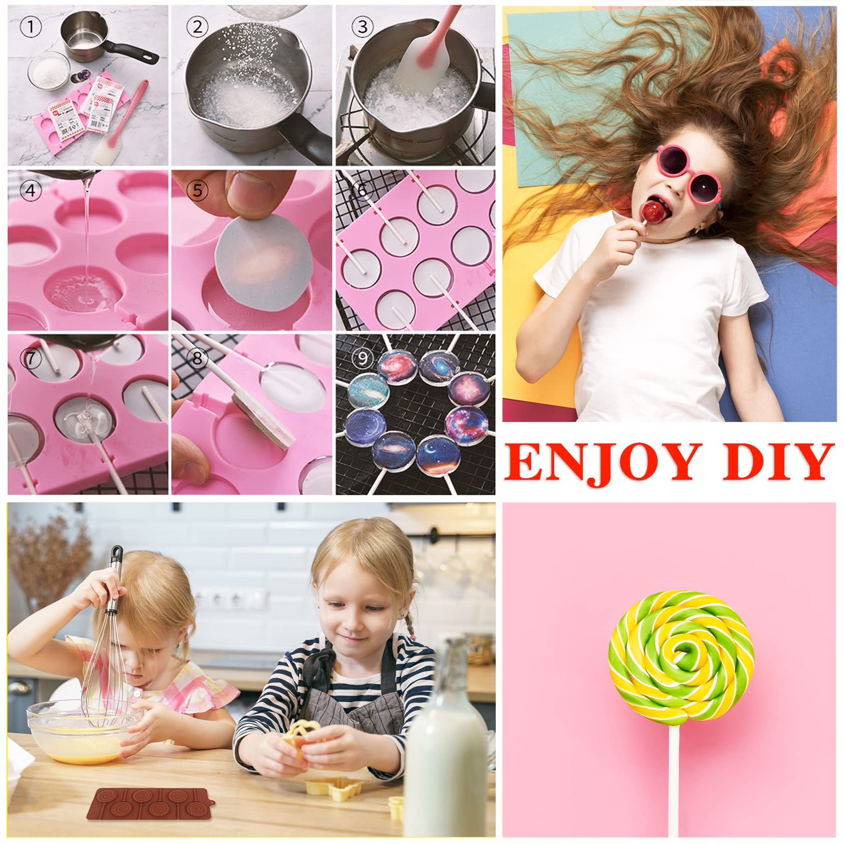 Silicone Lollipop Molds Candy Molds Silicone Sucker Molds Hard Candy Mold & 2x8 Rounds Nonstick Lollipop Mold With 20 Sticks for Candies,Bread,Jellies,Chocolate,Etc