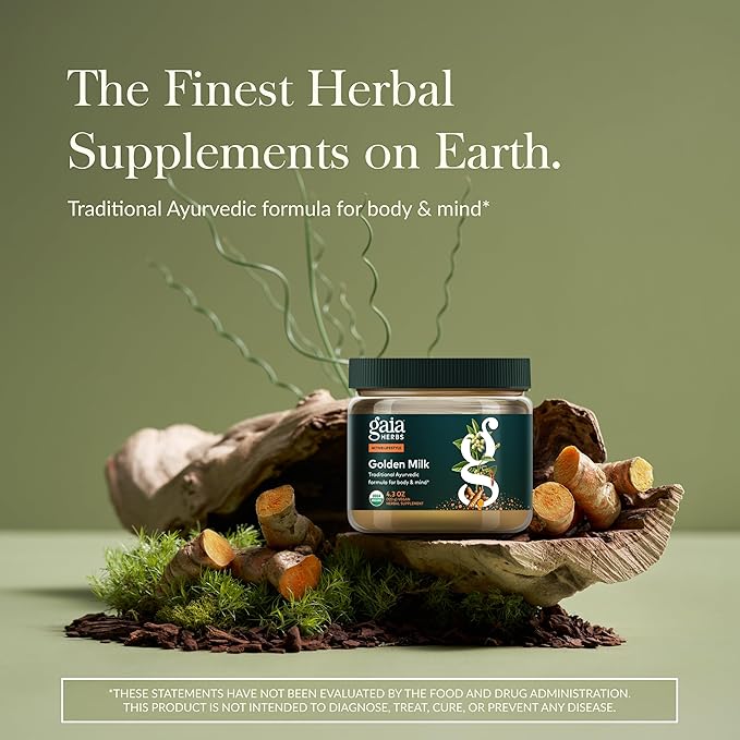 Gaia Herbs Golden Milk Supplement Powder - Made with Organic Turmeric Curcumin, Black Pepper, Ashwagandha, Dates, Cardamom, and Vanilla for an Ayurvedic Cup of Natural Calm - 4.3 Oz (35-Day Supply)