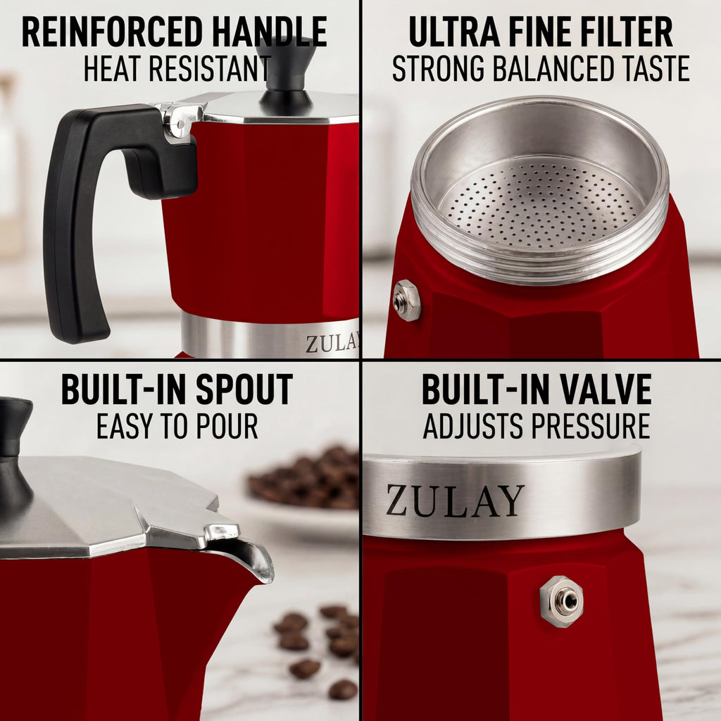 Zulay Moka Pot Espresso Stovetop Coffee Maker - Leak-Proof, Stainless Steel, Easy to Clean, Heat Resistant Handle & Knob - for Authentic Cuban & Italian Style Espresso - Makes 6 Espresso Cups - Red