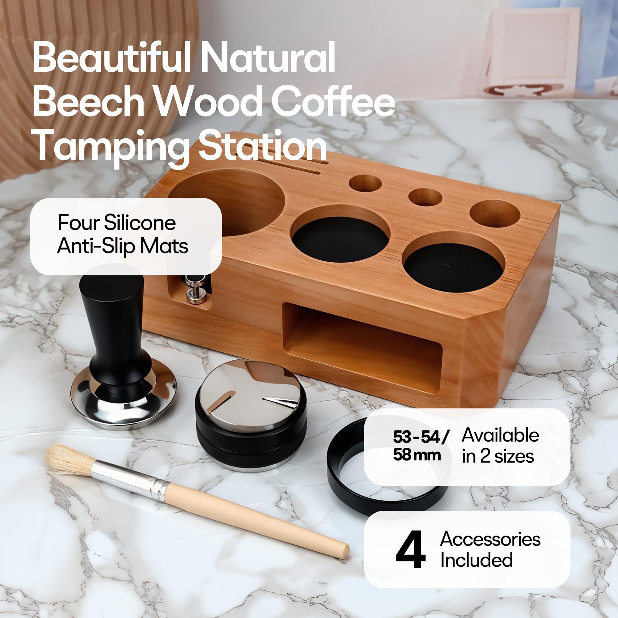 Espresso Tamping Station With Tools - 58mm - Includes Tamper, Distributor, Dosing Funnel & Brush - Wooden Coffee Tamper Station - Espresso Organizer & Portafilter Holder, Best Gift for Coffee Lovers