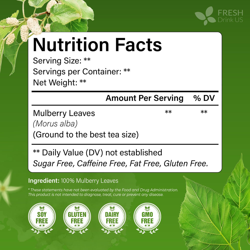 FreshDrinkUS Premium 75 Mulberry Leaf Tea Bags, 100% Natural & Pure. Loose Leaf Herbal Tea. Made with Natural Material Tea Bags. No Sugar, No Caffeine, No Gluten, Vegan