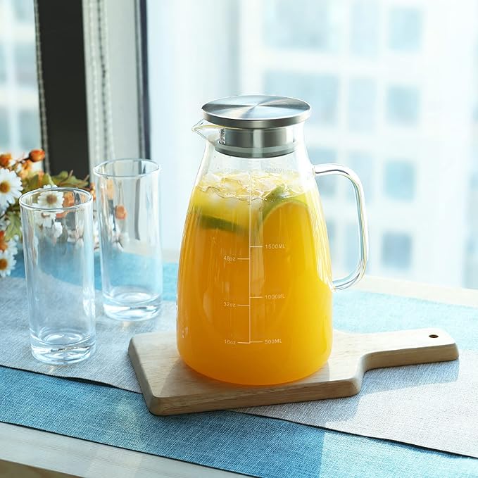 Joeyan 2 Liter 68oz Glass Pitcher with Lid, Large Heat Resistant Glass Water Carafe with Handle and Scale Line for Hot/Cold Drinks- Water, Cold Brew, Iced Tea & Juice, Including Long-Handled Brush