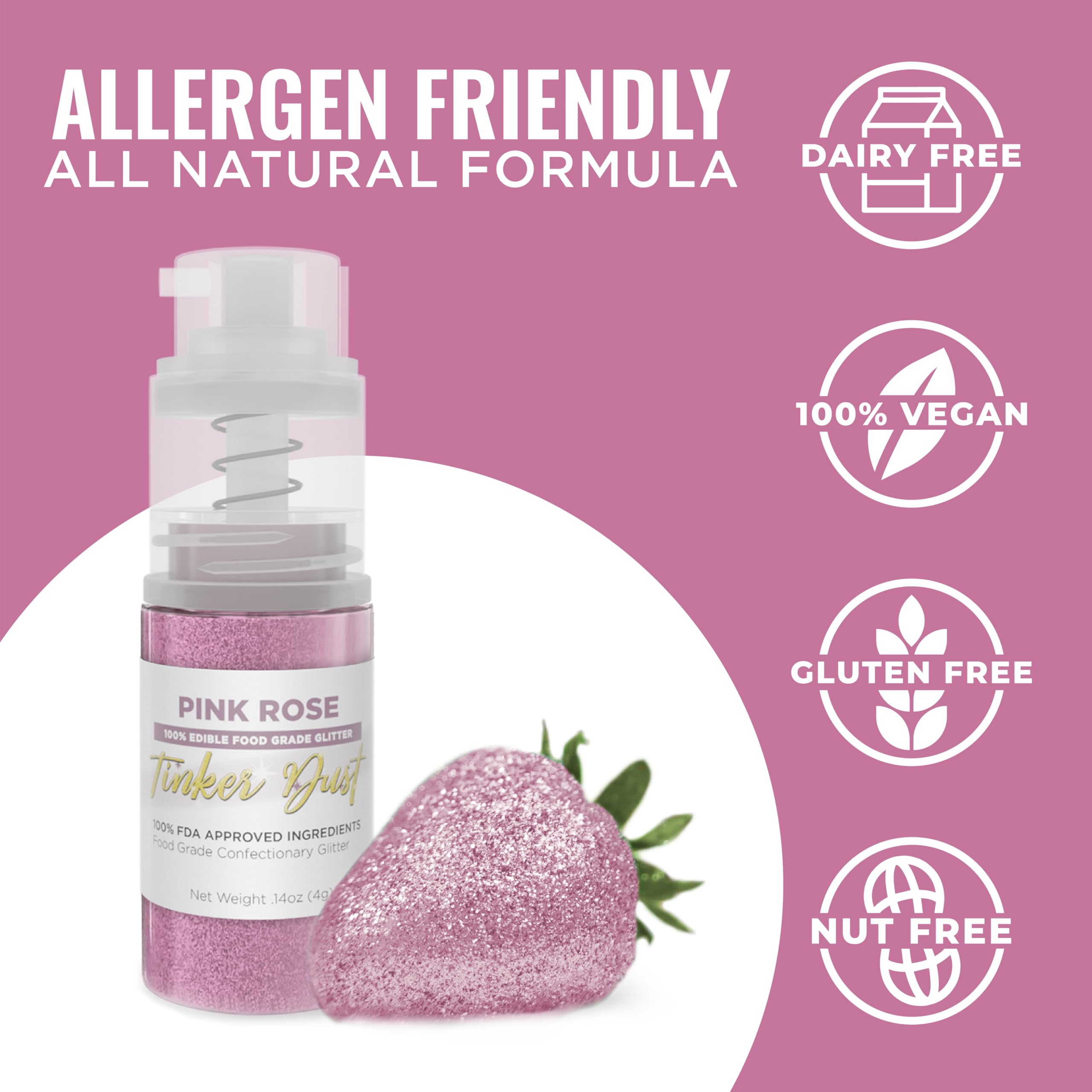 Bakell - Pink Rose Tinker Dust (4g, 1x Mini Spray Pump) Edible Glitter for Food, Desserts, and Baked goods!