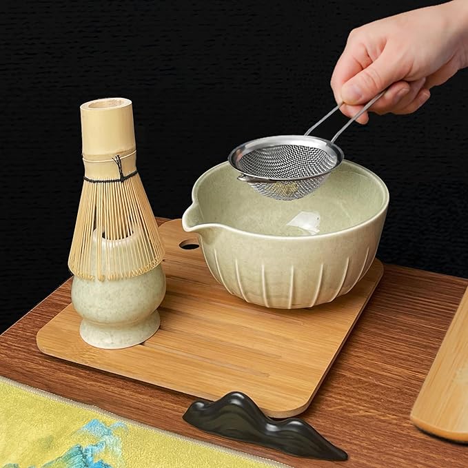 Matcha Whisk Set (7pcs) - Matcha Set with Whisk,Pouring Spout Bowl(15oz),Chasen Holder,Powder Sifter,Bamboo Scoop with Stand,Tea Cloth,Perfect Tools Kit for Tea Ceremony(Celadon Green)