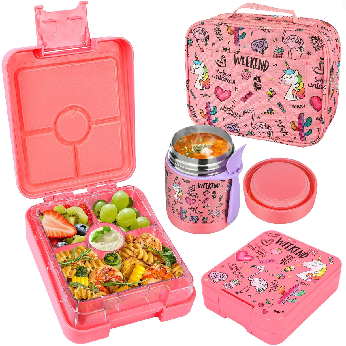 Pawtong Bento Lunch Box Set With 10oz Soup Thermo, Leak-proof Lunch Containers with 4 Compartment, Kids Hot Thermo Food Jar/Insulation Lunch Bag, Food Containers for School（Flamingo）