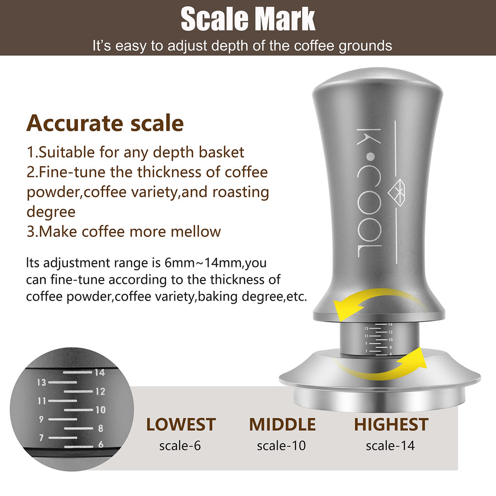 K COOL Espresso Tamper, Coffee Tamper, Premium Barista Tools Tamper with Calibrated Spring 30lb, 100% Stainless Steel Flat Base Tamper with Scale Mark for Espresso Coffee Machine (53mm, Silver)