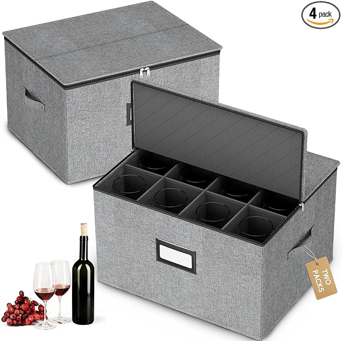 homyfort Wine Glass Storage Box, China Storage Containers with Dividers, Stemware Storage Case Holds 24 Wine Glass or long stem Crystal Glassware with Handles, Hard Shell and Stackable