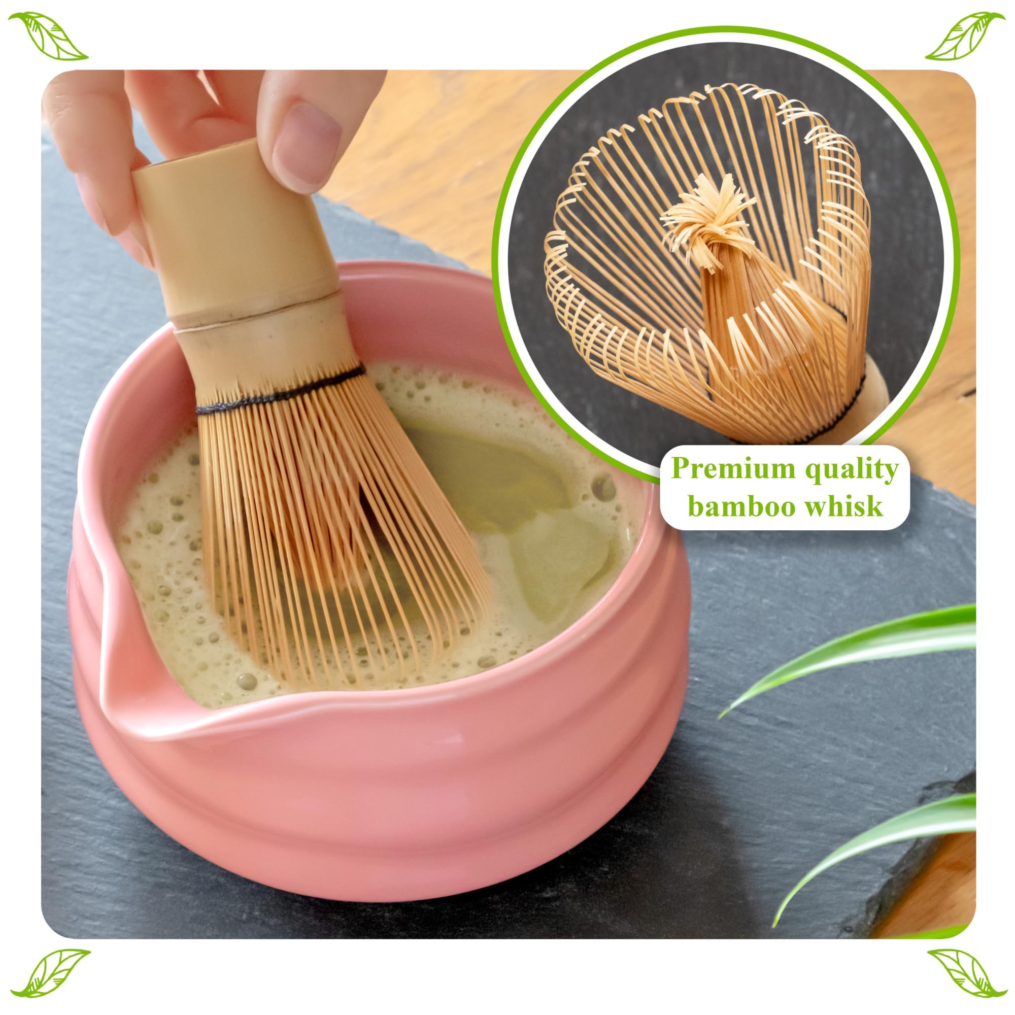 Marce Matcha Whisk Set- Matcha Set includes Matcha Whisk and Bowl with Spout, Sifter, Holder and Scoop- The Perfect Bamboo Whisk for Matcha Tea (Pink)