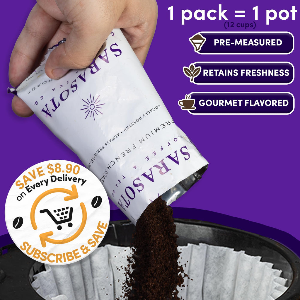 Coffee Packets – Dark French Roast Ground, 2.5oz Extra-Strong Pre-Measured Packs for 12-Cup Drip Brewers, Bulk Single-Pot Fractional Bags, 36 Count | Sarasota Coffee