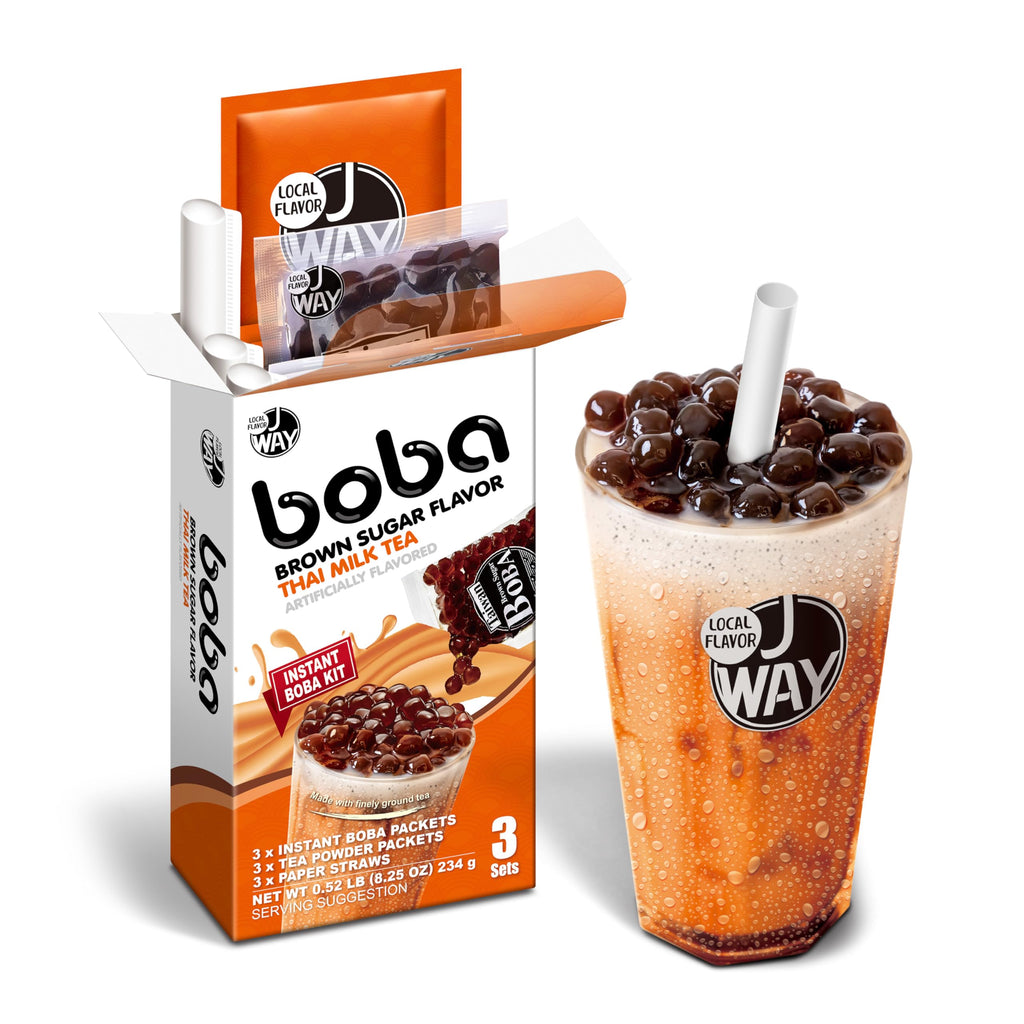 JWAY Instant Thai Milk Boba Tea Kit with Authentic Brown Sugar Tapioca Boba Pearls, Bubble Milk Tea Boba Set, Ready in Under 1 Minute, Paper Straws Included, 3 Servings