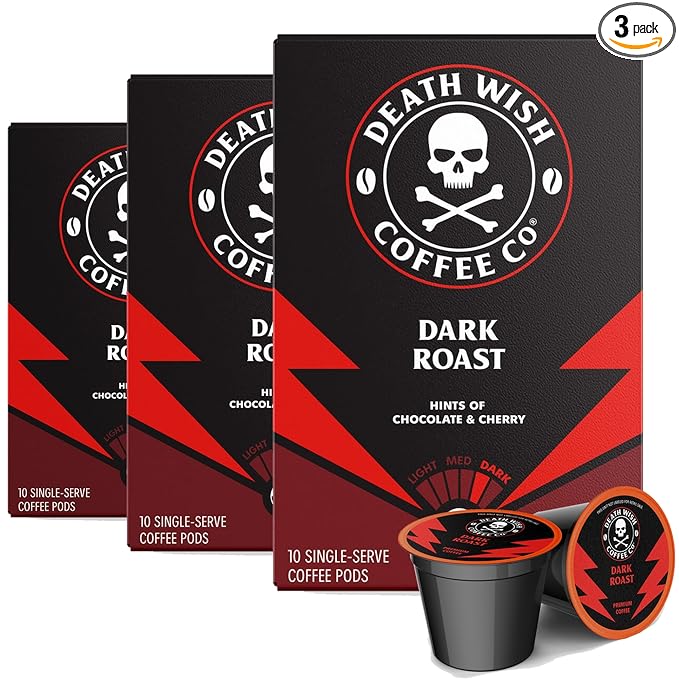 Death Wish Coffee Valhalla Java Single Serve Pods - Extra Kick of Caffeine - Medium Roast Coffee Pods - Made with USDA Certified Organic Fair Trade Arabica and Robusta Beans 10 Count (pack of 1)