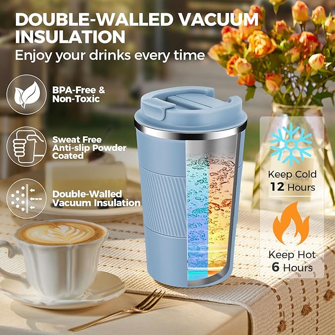 Volhoply 13 oz Stainless Steel Insulated Travel Coffee Mug with Fip Lid Bulk 4 Pack,Reusable Double Wall Vacuum Metal Coffee Cup,Portable Leak Proof Thermal Tumbler for Hot & Cold Drinks(Fog,4)